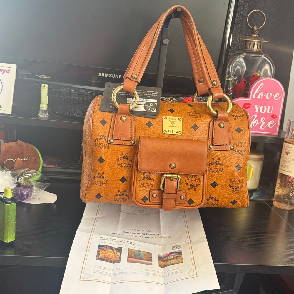 MCM Cognac Visetos Mini Boston Bag with Brown Leather Trim